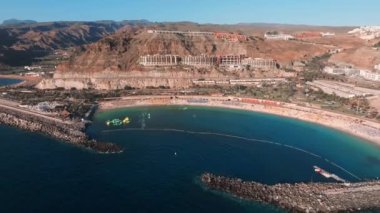 Aerial view of the Amadores beach on the Gran Canaria island in Spain. The most beautiful beach on the Canary islands.