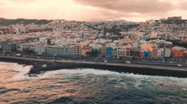 Panoramic aerial view of Las Palmas de Gran Canaria and Las Canteras beach at sunset, Canary Islands, Spain.