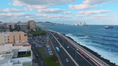 Panoramic aerial view of Las Palmas de Gran Canaria and Las Canteras beach at sunset, Canary Islands, Spain.