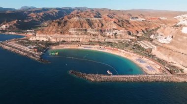 Aerial view of the Amadores beach on the Gran Canaria island in Spain. The most beautiful beach on the Canary islands.