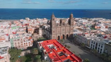 Landscape with Cathedral Santa Ana Vegueta in Las Palmas, Gran Canaria, Canary Islands, Spain. Aerial sunset view of the Las Palmas city.