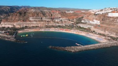 Aerial view of the Amadores beach on the Gran Canaria island in Spain. The most beautiful beach on the Canary islands.