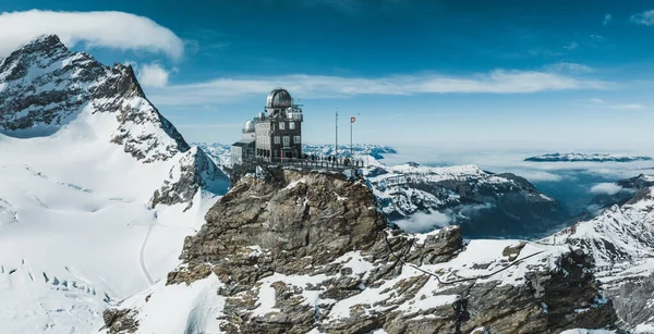 stock image Aerial panorama view of the Sphinx Observatory on Jungfraujoch - Top of Europe, one of the highest observatories in the world located at the Jungfrau railway station, Bernese Oberland, Switzerland.