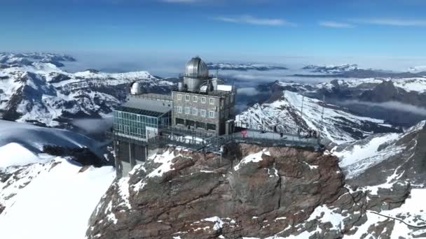 Panorama Lotu Ptaka Obserwatorium Sfinksa Jungfraujoch Szczyt Europy Jedno Najwyższych — Wideo stockowe