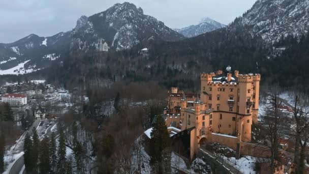 Una Vista Aérea Del Castillo Hohenschwangau Rodeado Bosque Invierno Alemania — Vídeos de Stock