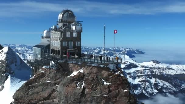 Panorama Lotu Ptaka Obserwatorium Sfinksa Jungfraujoch Szczyt Europy Jedno Najwyższych — Wideo stockowe