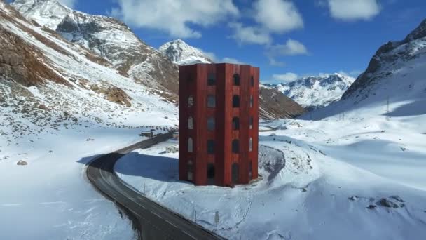 Πύργος Του Θεάτρου Τζούλιερ Στο Πέρασμα Τζούλιερ Χειμώνα Καντόνιο Graubuenden — Αρχείο Βίντεο
