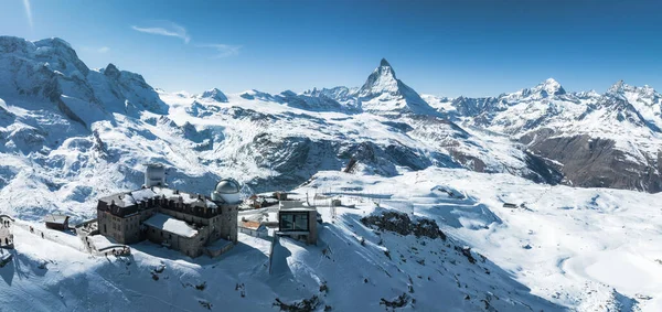 Letecký Výhled Luxusní Hotel Astronomickou Observatoř Gornergratu Pozadí Hory Matterhorn — Stock fotografie