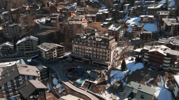 Aerial View Zermatt Valley Town Matterhorn Peak Background Morning Switzerland — Stock Video