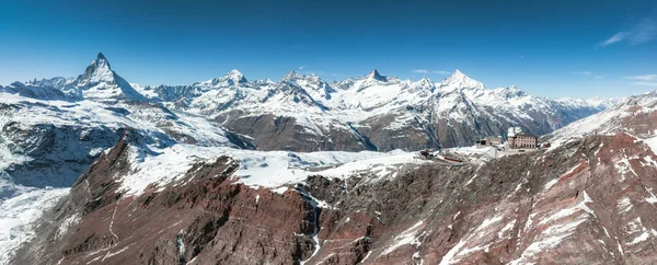 stock image Beautiful Zermatt ski resort with view of the Matterhorn peak on the horizon. Beautiful Swiss Alps.