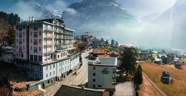 Vzdušný Výhled Luxusní Hotel Grindelwaldu Švýcarsko Krásné Hory Pozadí — Stock fotografie