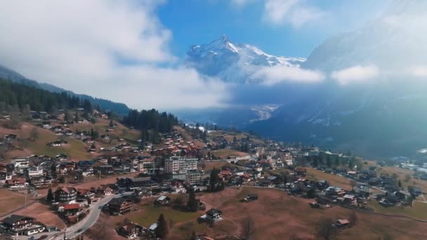 Flygfoto Panorama Över Grindelwald Schweiz Byutsikt Nära Schweiziska Alperna Panorama — Stockvideo