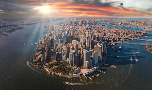 Belo Pôr Sol Sobre Ilha Manhattan Nova Iorque Vista Aérea — Fotografia de Stock