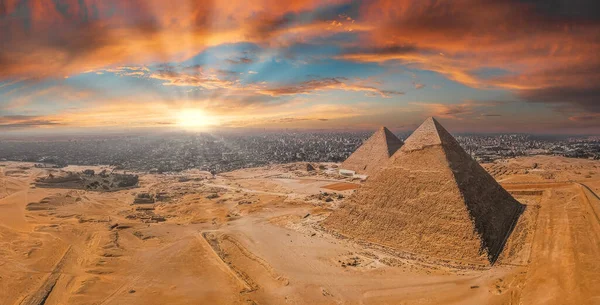 Coucher Soleil Magique Sur Les Pyramides Égyptiennes Vue Aérienne Des — Photo