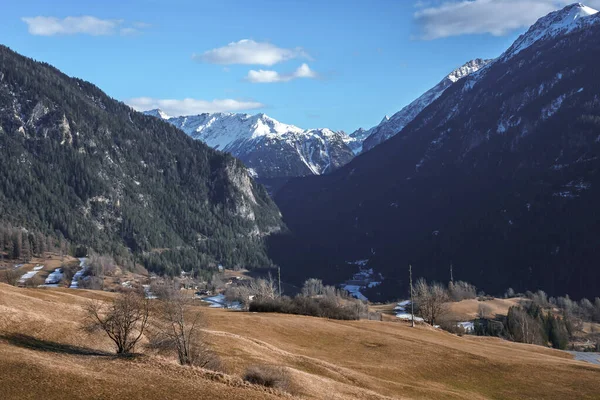 Buiten Huizen Met Lucht Bomen Bedekt Bergen Achtergrond Zwitserse Alpen — Stockfoto