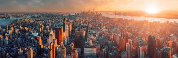 stock image Beautiful sunset over New York city downtown and Manhattan. Aerial panoramic New York city.