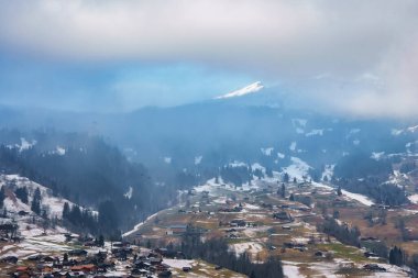 Grindelwald köyünde manzaralı evler ve ağaçlar. Görkemli dağlar ve arka planda bulutlu gökyüzü. İsviçre, Jungfrau 'da, kış tatili konsepti.