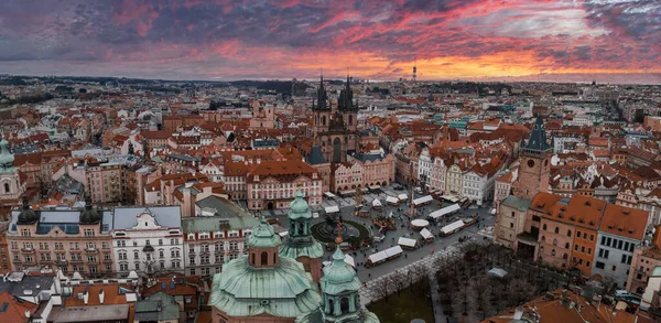 stock image Panoramic aerial view of old Town square in Prague on a beautiful summer day, Czech Republic. Church of our Lady before Tyn and Prague Astronomical Clock Tower