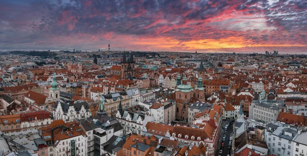 stock image Panoramic aerial view of old Town square in Prague on a beautiful summer day, Czech Republic. Church of our Lady before Tyn and Prague Astronomical Clock Tower