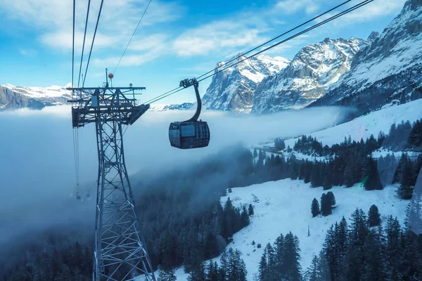 Wyciąg Gondolowy Poruszający Się Lesie Otoczony Majestatycznymi Pokrywami Śnieżnymi Berneńskie — Zdjęcie stockowe