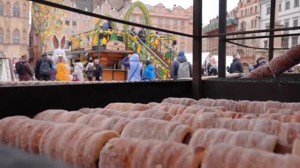 Panadería Trdelnik Mercado Callejero Praga República Checa — Vídeo de stock