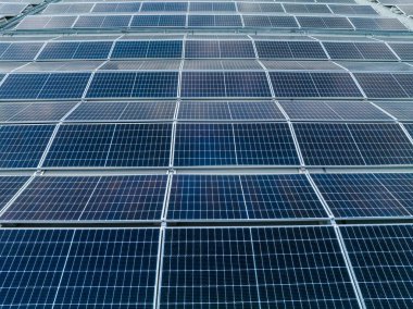 Solar Hücre Tarım Santrali 'nin yakın çekim eko teknolojisi. Bir fotovoltaik güç santralindeki güneş pili panellerinin peyzajı. Sürdürülebilir kaynaklar ve yenilenebilir enerji kavramı. Mavi ton.