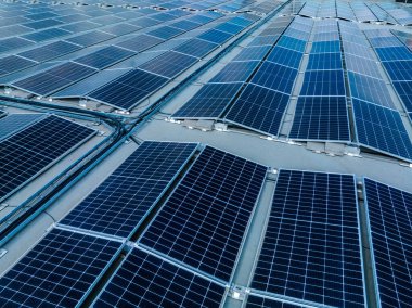 Solar Hücre Tarım Santrali 'nin yakın çekim eko teknolojisi. Bir fotovoltaik güç santralindeki güneş pili panellerinin peyzajı. Sürdürülebilir kaynaklar ve yenilenebilir enerji kavramı. Mavi ton.
