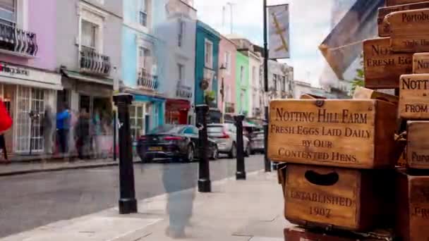 Timelapse Uitzicht Wereldberoemde Portobello Antiekmarkt Londen Kleurrijke Huizen Van Notting — Stockvideo