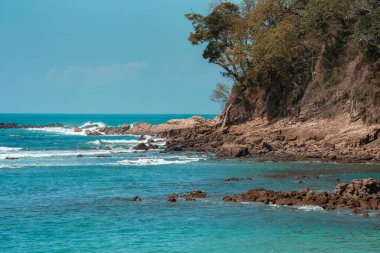 Kosta Rika 'da güneşli bir günde kayalık plajda su sıçratan dalgaların ve açık mavi gökyüzü ile tepede büyüyen ağaçların güzel manzarası doğa ve seyahat kavramı.