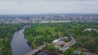 Beautiful aerial view of the Hyde park in London. Panorama of the city of London from above.
