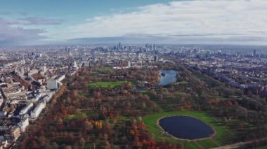 Beautiful aerial view of the Hyde park in London. Panorama of the city of London from above.