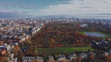 Beautiful aerial view of the Hyde park in London. Panorama of the city of London from above.