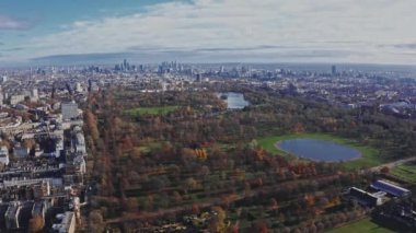 Beautiful aerial view of the Hyde park in London. Panorama of the city of London from above.