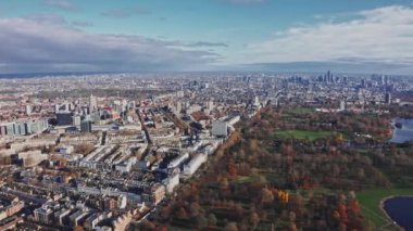 Beautiful aerial view of the Hyde park in London. Panorama of the city of London from above.