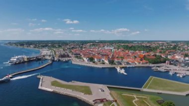 Aerial View of Helsingor old town city in Denmark. View over Sundstorget and town hall. 
