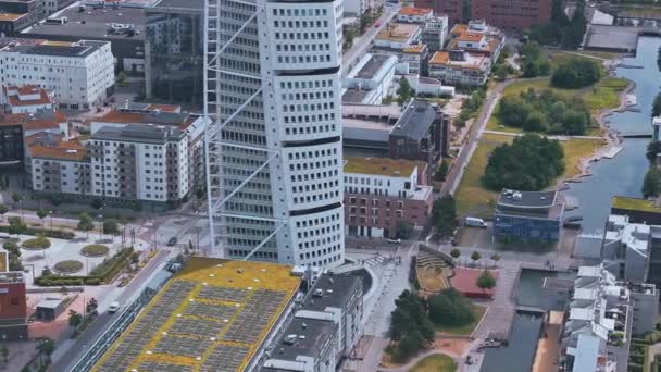 Schöne Luftaufnahme Der Stadt Malmö Schweden Turning Torso Hochhaus Malmö — Stockvideo