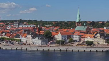 Aerial View of Helsingor old town city in Denmark. View over Sundstorget and town hall. 