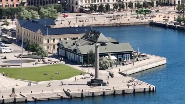 ヘルシンボルグ市内中心部とスウェーデンのヘルシンボルグ港の眺め ヘリンボー港のビーチや都市の港で旧市街 美しい空中風景 — ストック動画