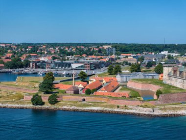 Aerial View of Helsingor old town city in Denmark. View over Sundstorget and town hall.