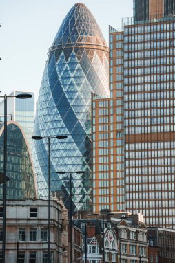 Şehrin merkezindeki Gherkin 'in manzarası. Arka planda gökyüzü olan modern ofis binaları. Güneşli bir günde Londra 'nın ünlü turistik merkezi..