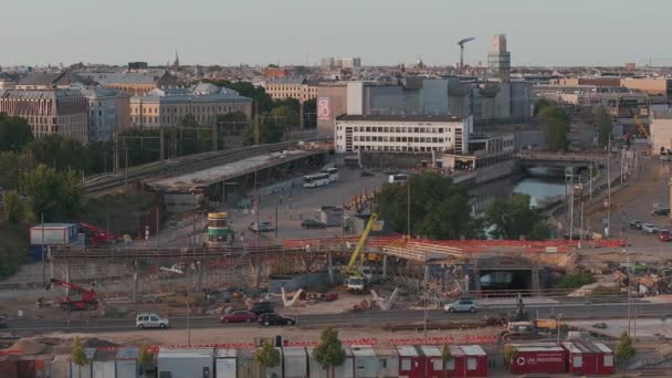 Bau Des Projekts Rail Baltica Zentrum Von Riga Straßen Eisenbahn — Stockvideo