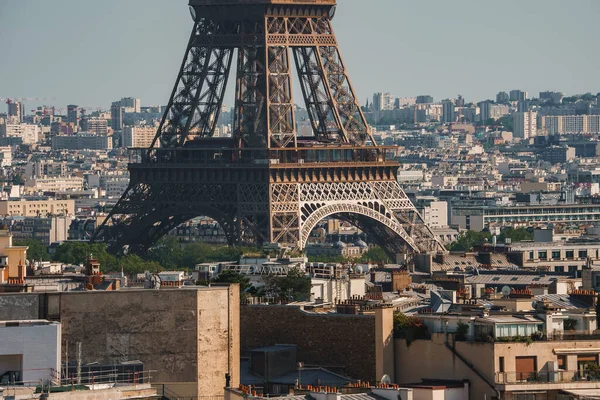 Vista Diurna Torre Eiffel París Francia Con Arco Del Triunfo — Foto de Stock