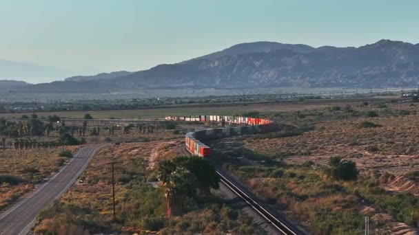 Vrachttain Beweegt Luchtfoto Vrachttrein Rijdt Spoorweg Woestijn Locomotief Wagons Woestijn — Stockvideo