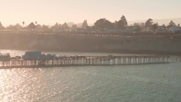 カリフォルニア州の海岸にあるカラフルな住宅街キャピトラ ヴェネツィア裁判所 古い捨てられた桟橋の空中的な眺めは 多くの海馬やペリカンと共に クラシックな木製のピア — ストック動画