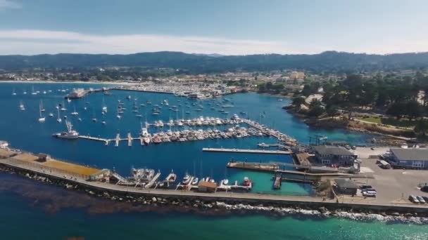 Légi Kilátás Monterey Bay Akvárium Pacific Grove Sok Jachttal Dokkolt — Stock videók