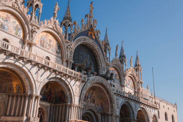 San Marco Cathedral in Venice, Italy. Iconic landmark with stunning architecture. Perfect for travel, tourism, and historical concepts. Ideal for website, blog, or editorial use.