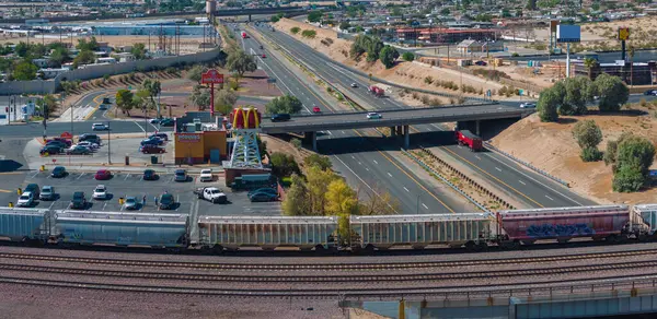 Aerial View Bustling City Intersection Mcdonalds Traffic Sunlit Highway Adjacent — Stock Photo, Image