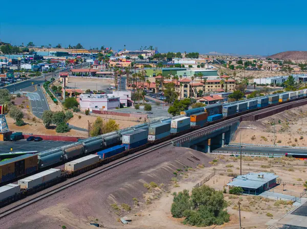 Panoramic View Colorful Freight Train Traversing Semi Arid Southwestern Landscape — Stock Photo, Image