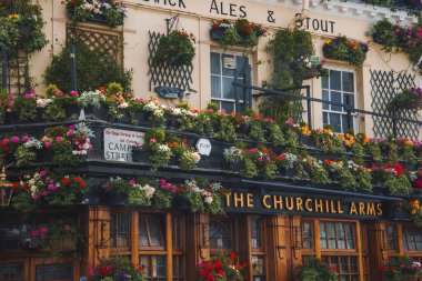 Churchill Arms 'ın çiçek açan bitkilerle yakın çekimi. Londra 'nın ünlü barı. Çiçeklerle kaplı ikonik simge.