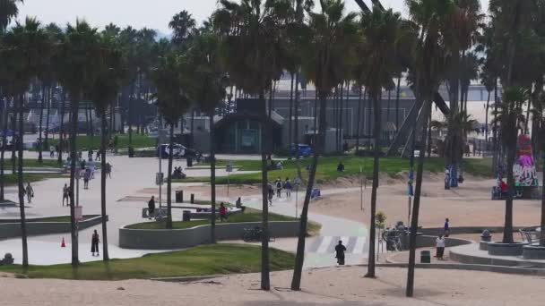 Вид Воздуха Скейт Борд Парк Пляже Венеции Закате Калифорния Сша — стоковое видео